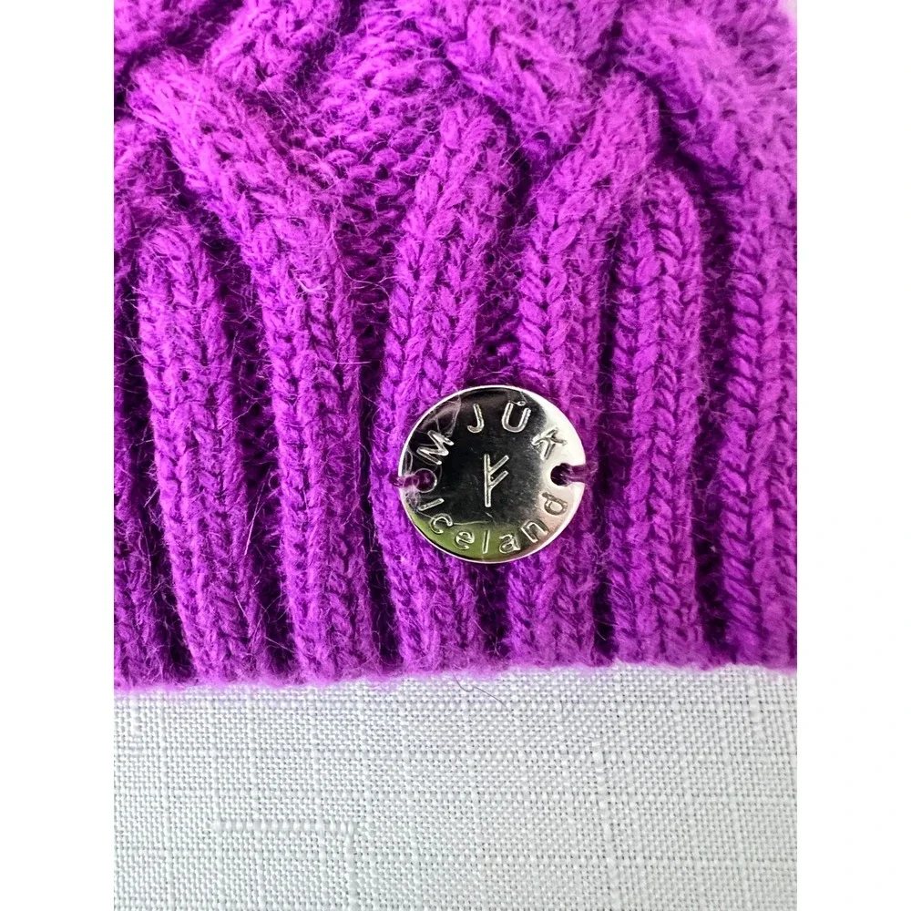 MJÚK Iceland Beanie Women OS Purple Excellent Merino Angora Fleece Lined Knit